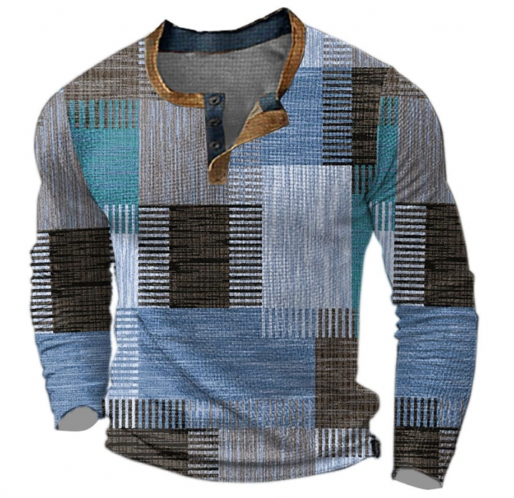 Stylish men's patchwork Henley neck sweater, a unique long sleeve pullover for men's casual fall/winter style.