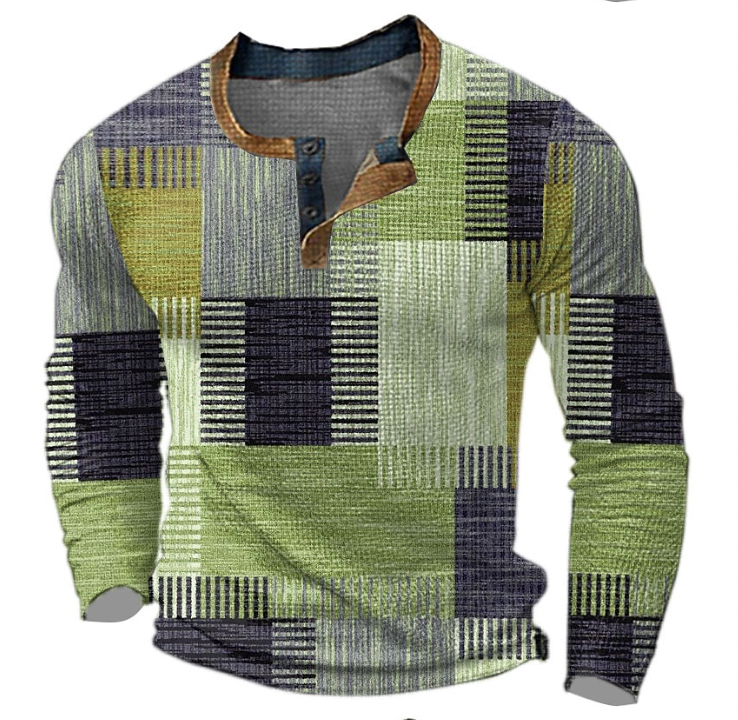 Comfortable men's long sleeve Henley pullover, ideal for stylish casual wear in fall and winter.