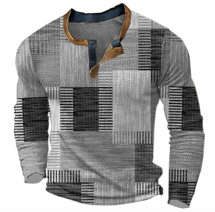 Men's long sleeve Henley neck sweater with patchwork, a comfortable & stylish choice for winter & fall fashion.
