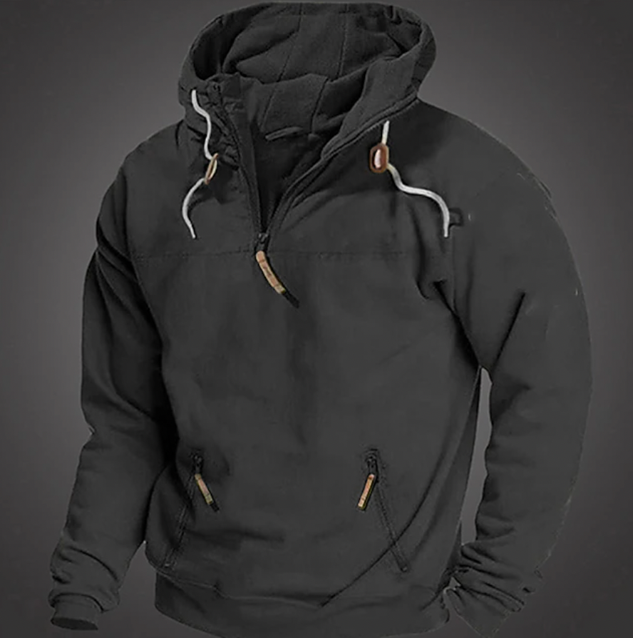 Comfortable men's quarter zip pullover hoodie, perfect for fall and winter fashion, offering ultimate warmth and style.
