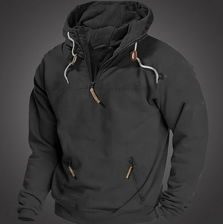 Comfortable men's quarter zip pullover hoodie, perfect for fall and winter fashion, offering ultimate warmth and style.
