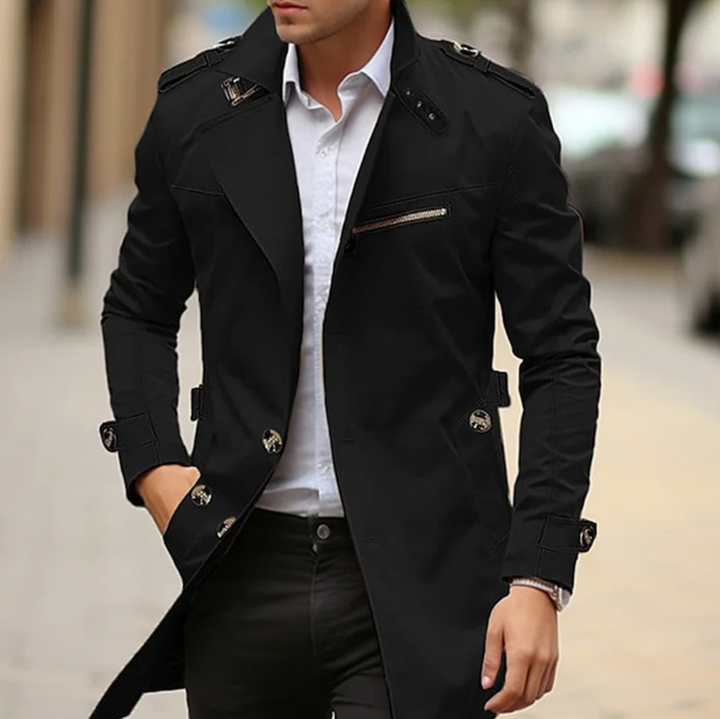 Stylish men's double-breasted long trench coat, a versatile formal and smart casual piece for fall and winter fashion.