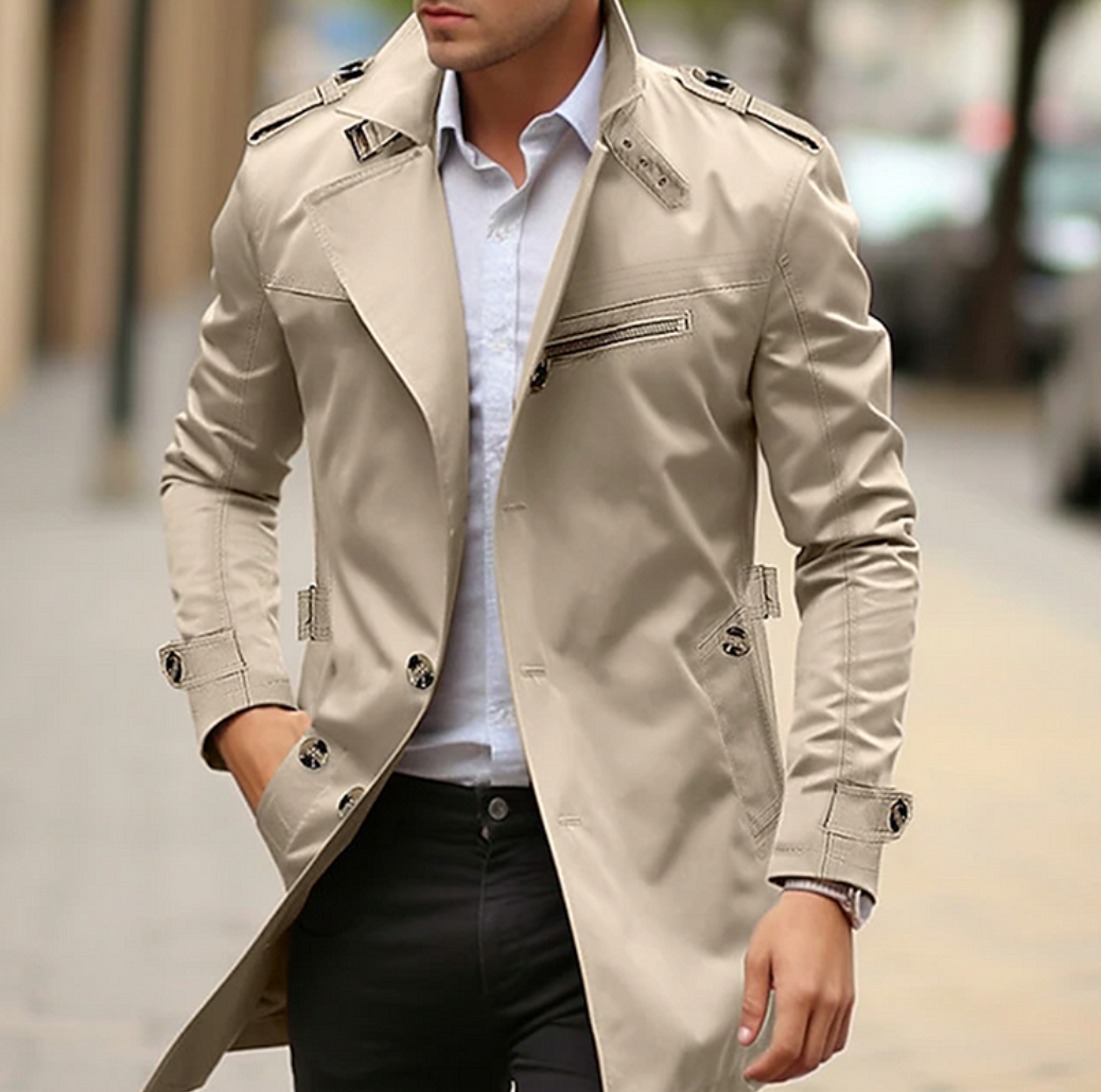 Men's classic double-breasted long trench coat with notched lapel, timeless fall and winter outerwear.