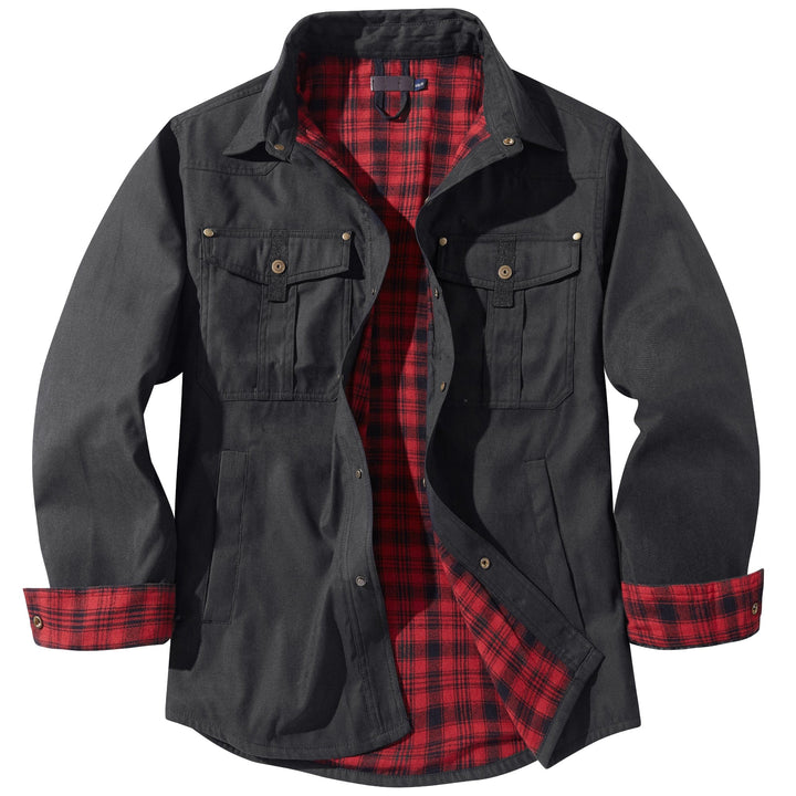 Interior shot: soft flannel lining of men's insulated casual jacket.