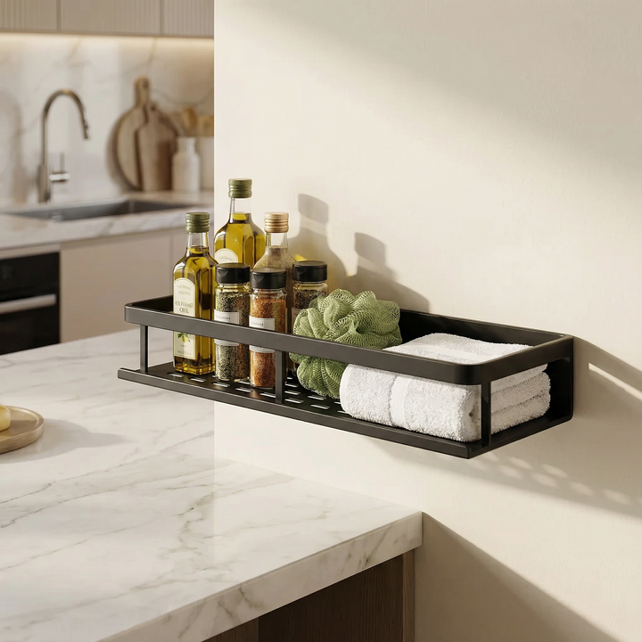 Modern gray metal wall storage rack with utility hooks for kitchen organization, ideal for space-saving decor.