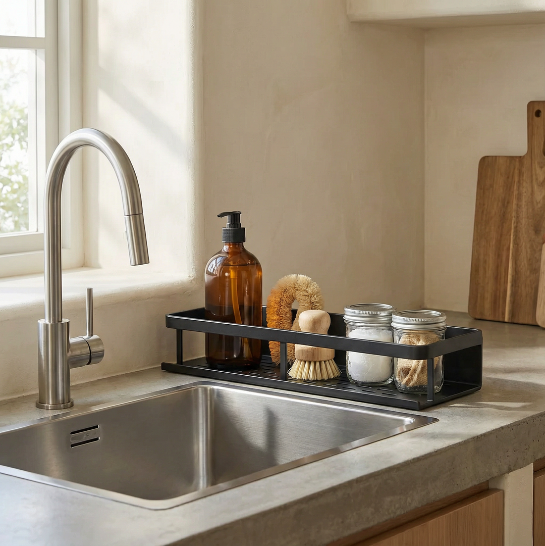 Gray metal kitchen wall shelf with hooks, a space-saving organizer for modern kitchens, perfect for spices and utensils.