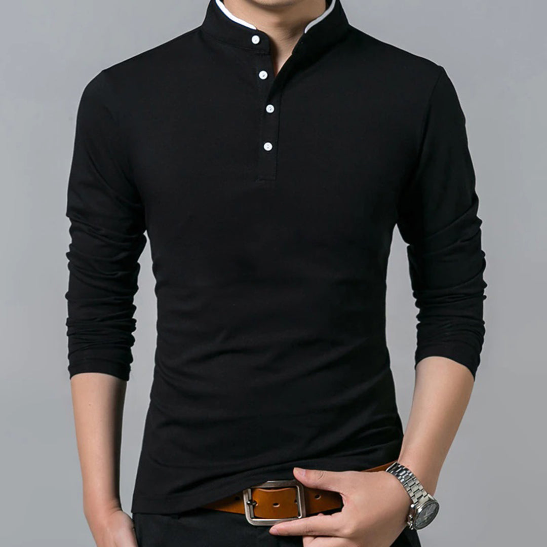 Men's slim-fit long sleeve polo shirt with a modern mandarin collar, perfect for smart casual occasions.