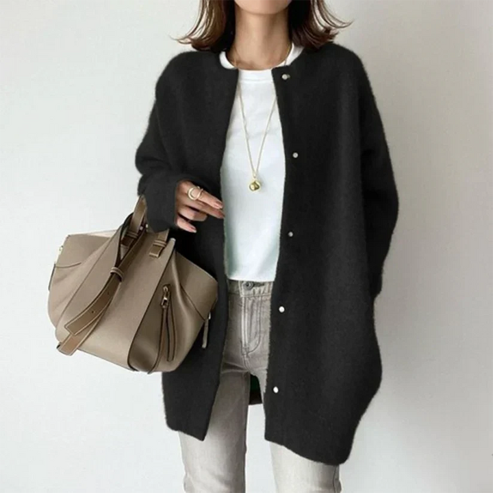 Women's elegant layering cardigan, a cozy fall wardrobe & winter essential. Stylish knit outerwear.
