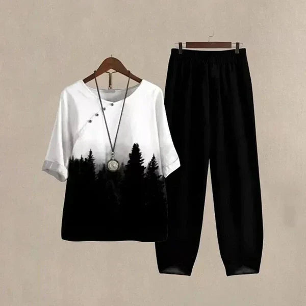 Women's matching shirt and trouser set. An easy-wear chic outfit for spring fashion.