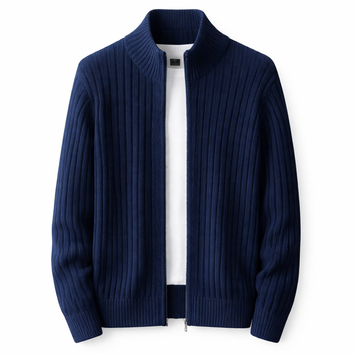 Man wearing a stylish ribbed zip cardigan knit jacket, perfect for smart casual men's layering fashion.