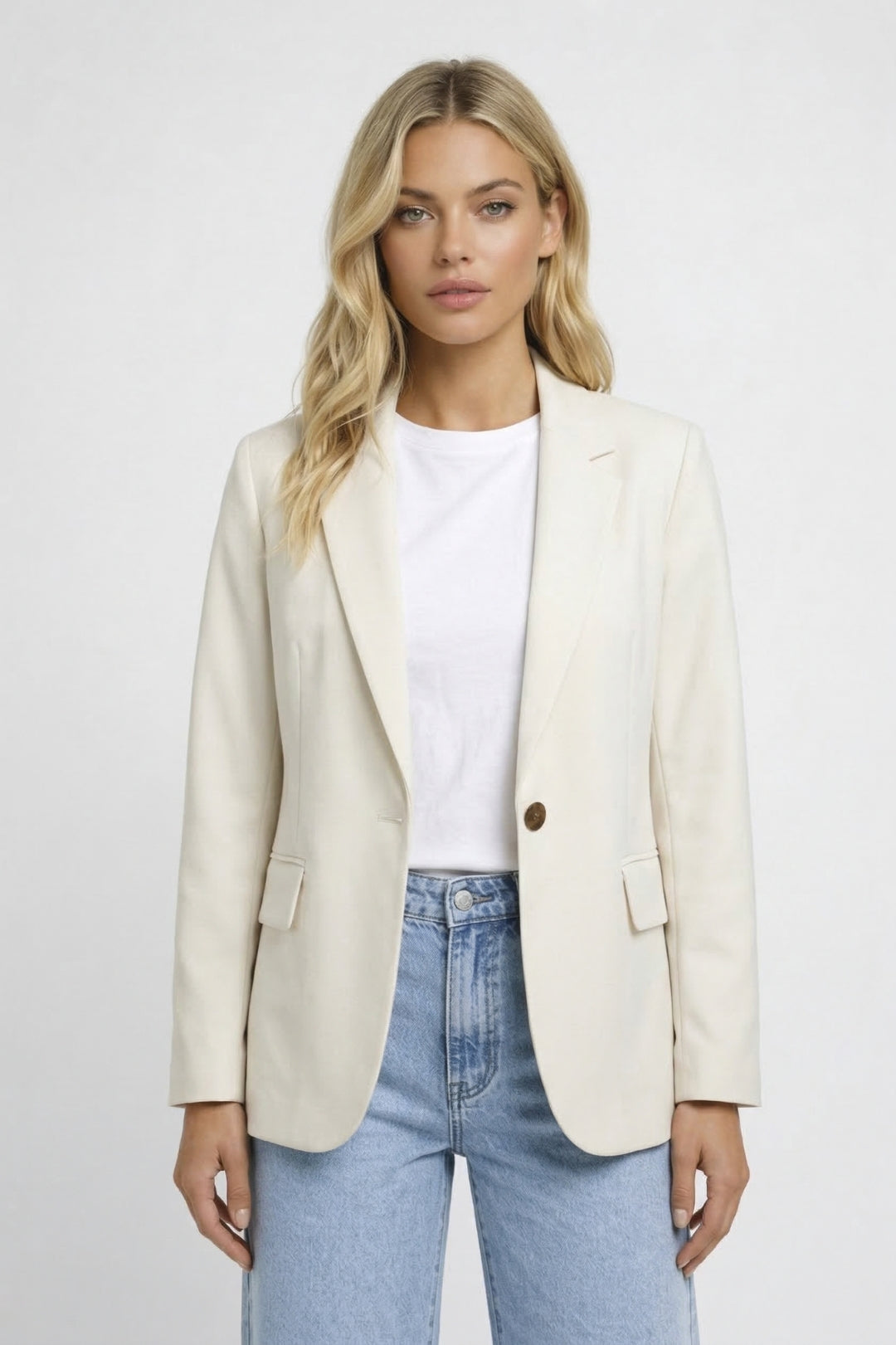 White elegant women's single button tailored blazer jacket with notched lapel, great for smart casual outfits.