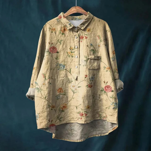 Elegant women's floral print blouse in vintage style, perfect for timeless spring & summer fashion.