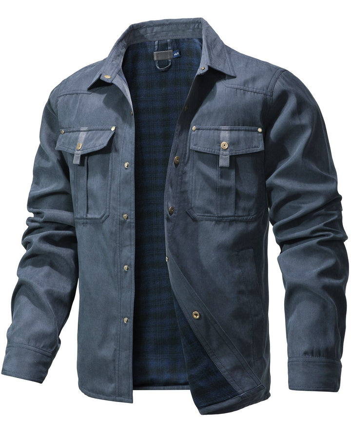 Front view of men's durable insulated flannel jacket, casual outerwear.