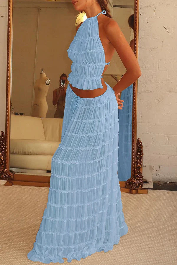 Bohemian women's flowy two-piece summer outfit for casual wear, festivals, or beach holidays.