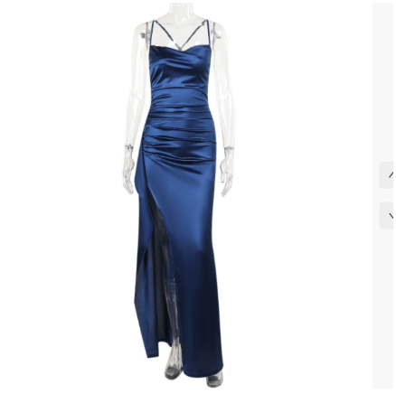 Lucia women's summer maxi dress with elegant high slit & spaghetti straps for parties and special occasions.