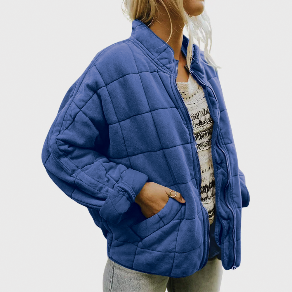 Casual women's cozy quilted zip jacket, available in khaki, offering comfort and warmth for fall & winter.