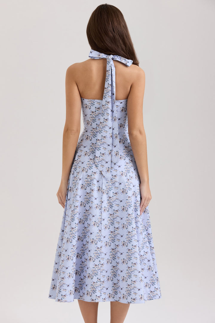 Full view of women's daisy print halter neck midi dress with button detail & A-line cut, ready for summer.