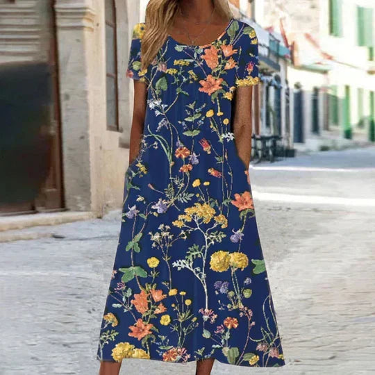 Stylish women's floral midi dress, a comfortable & elegant summer fashion piece for any occasion.