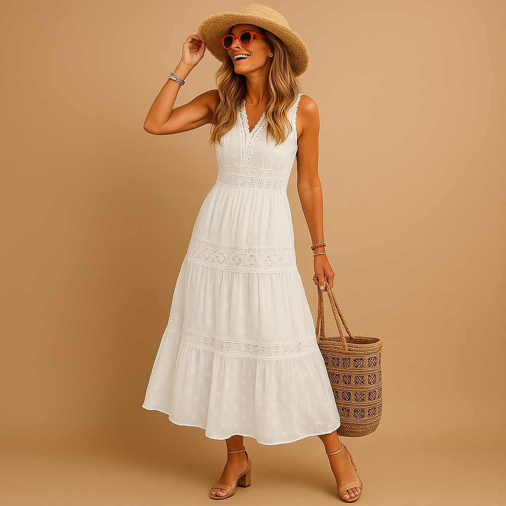 Stylish women's bohemian summer dress; a versatile flowy sundress for beach, festival, or casual vacation outfits.