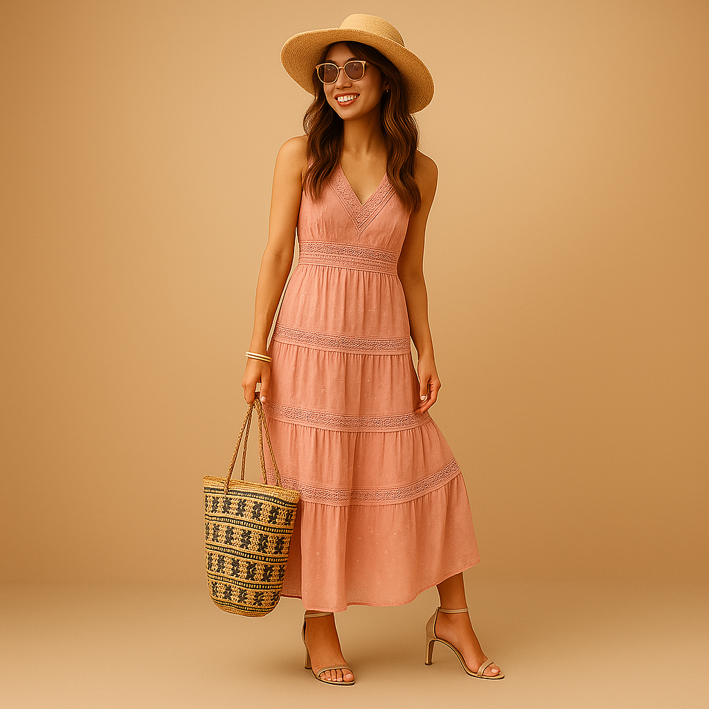 Lightweight women's boho summer dress, flowy fabric ensures comfort for beach, festival or casual wear. Vacation sundress.