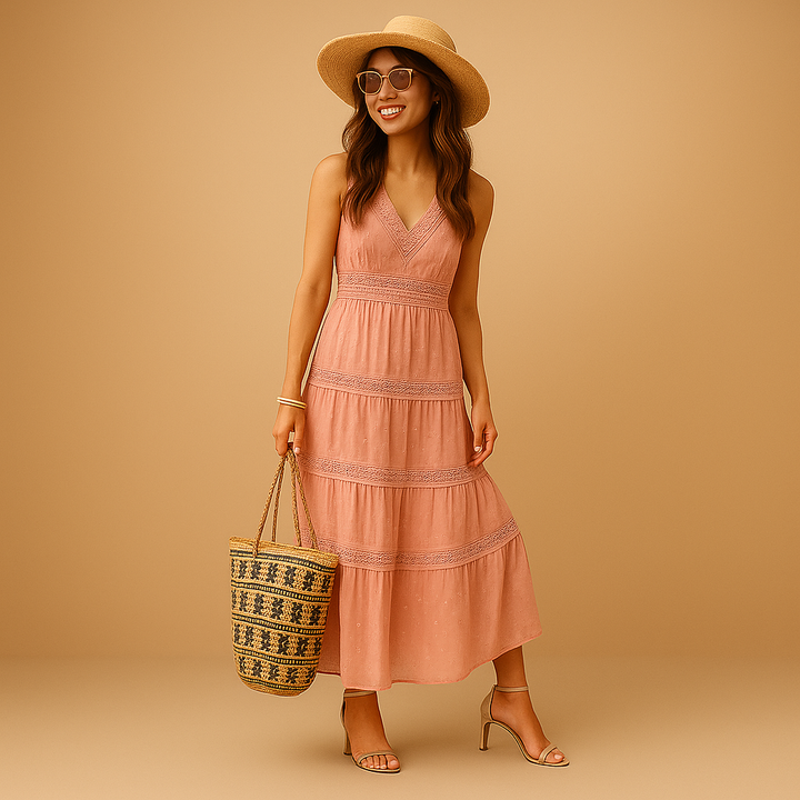Lightweight women's boho summer dress, flowy fabric ensures comfort for beach, festival or casual wear. Vacation sundress.