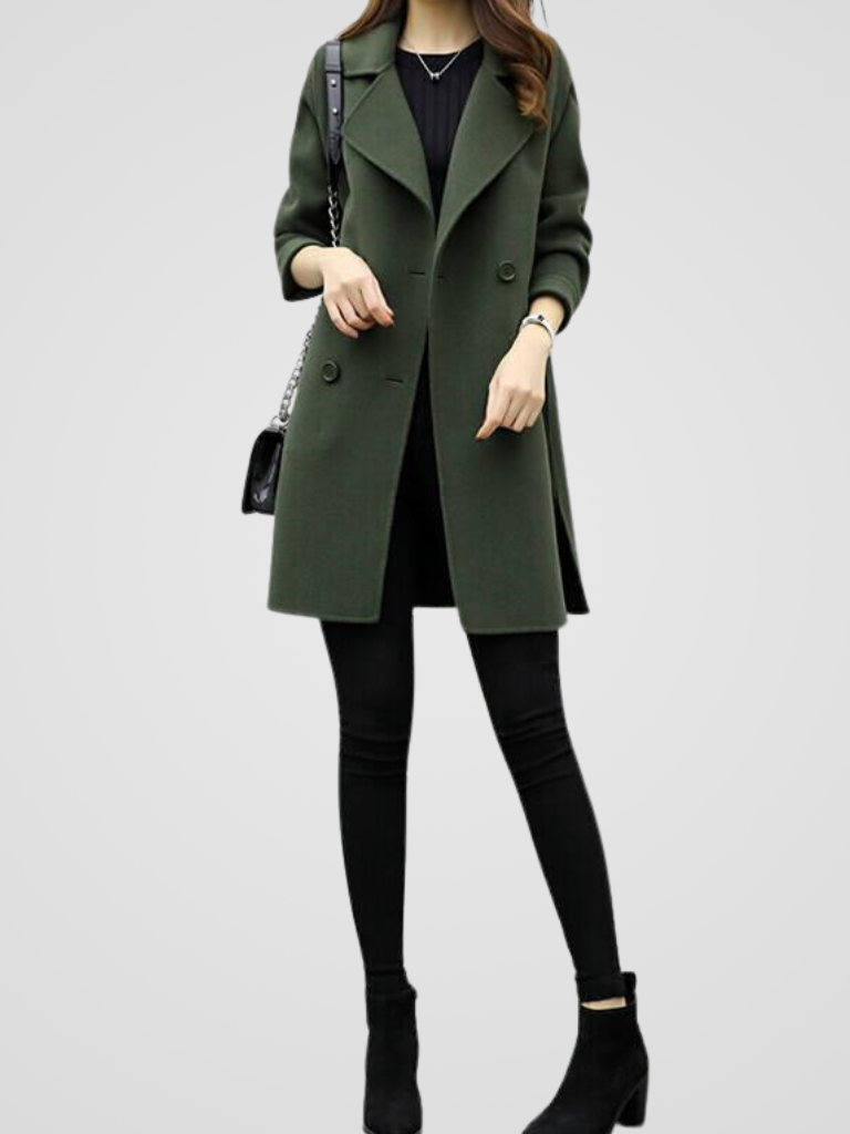 Classic women's longline coat, double-breasted, versatile & stylish outerwear for fall and winter.