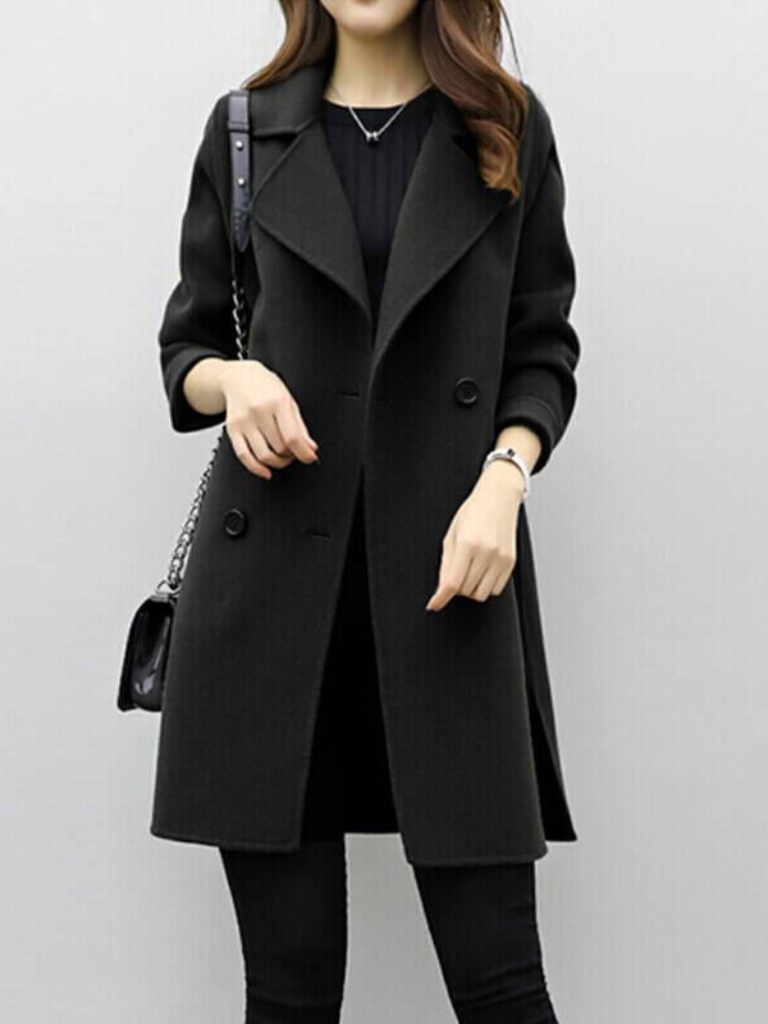 Chic women's double-breasted longline coat, a timeless piece for fall & winter fashion.