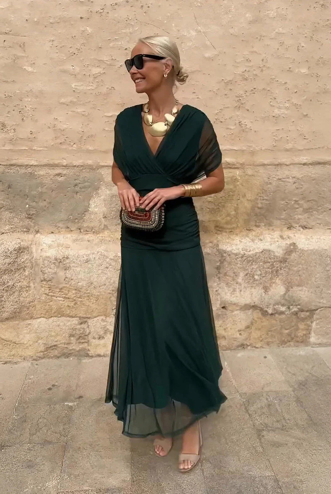 Beautiful women's maxi dress: V-neck wrap style, elegant sheer sleeves. Perfect for occasion wear.