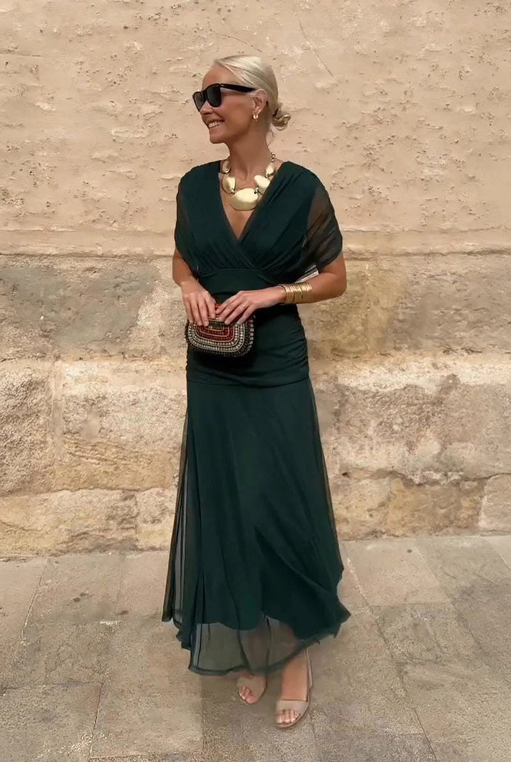 Beautiful women's maxi dress: V-neck wrap style, elegant sheer sleeves. Perfect for occasion wear.