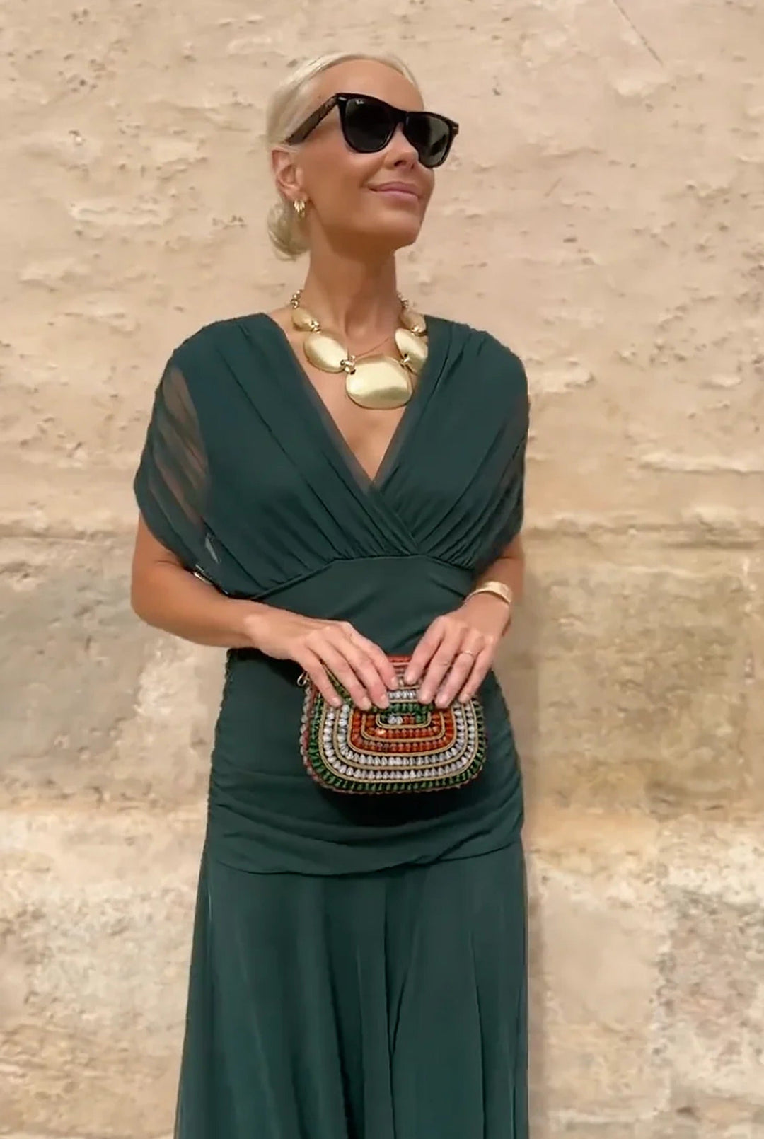 Chic women's V-neck wrap maxi dress with flowy sheer sleeves. Stylish for evening & formal events.