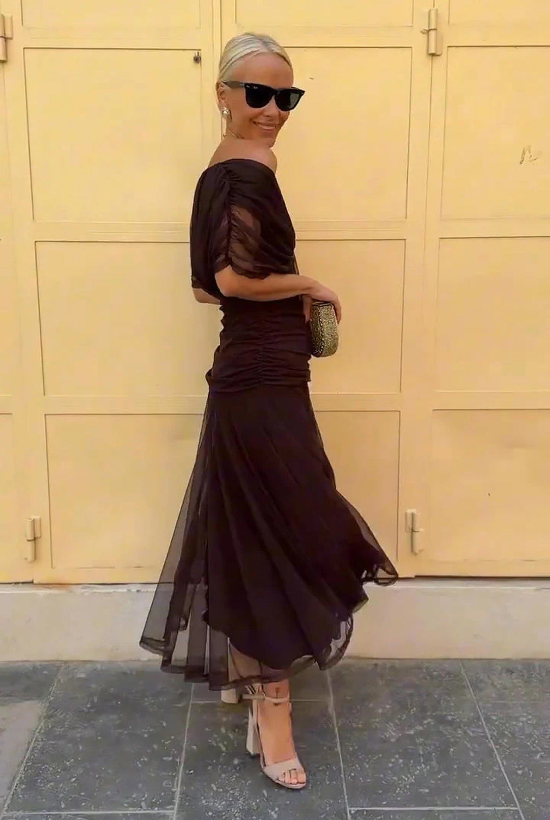 Summer style women's V-neck wrap maxi dress, elegant sheer sleeves, perfect for evening wear.