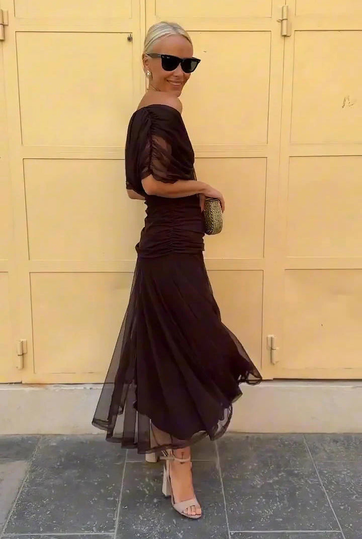 Summer style women's V-neck wrap maxi dress, elegant sheer sleeves, perfect for evening wear.