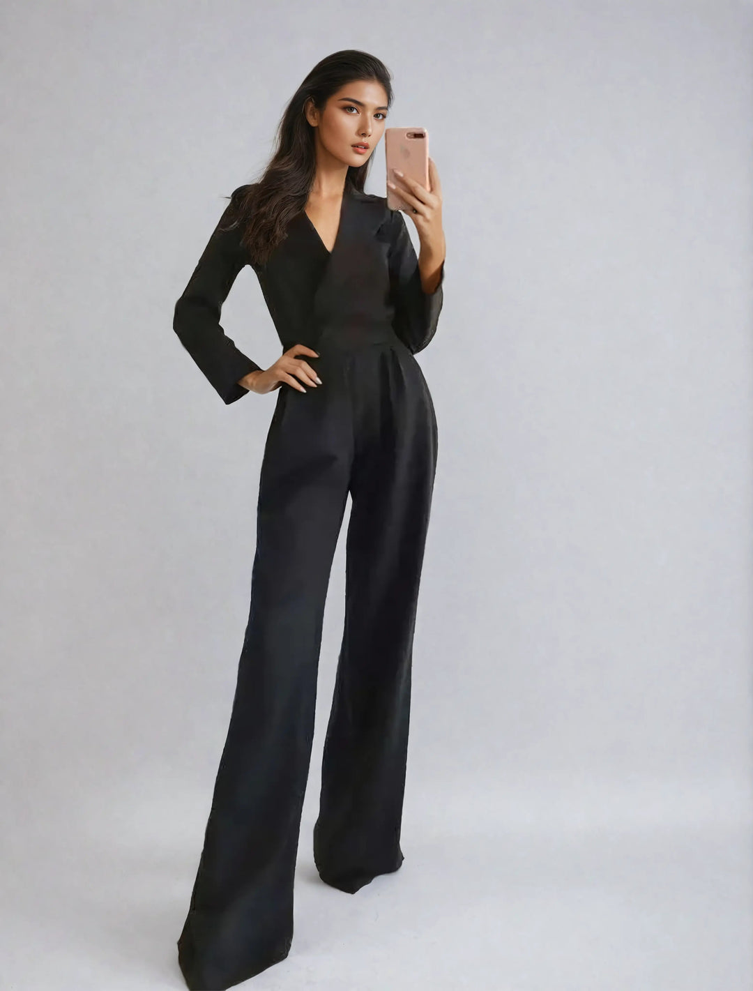 Elegant women's long sleeve V-neck wide-leg jumpsuit, perfect for formal evening wear & chic occasions.