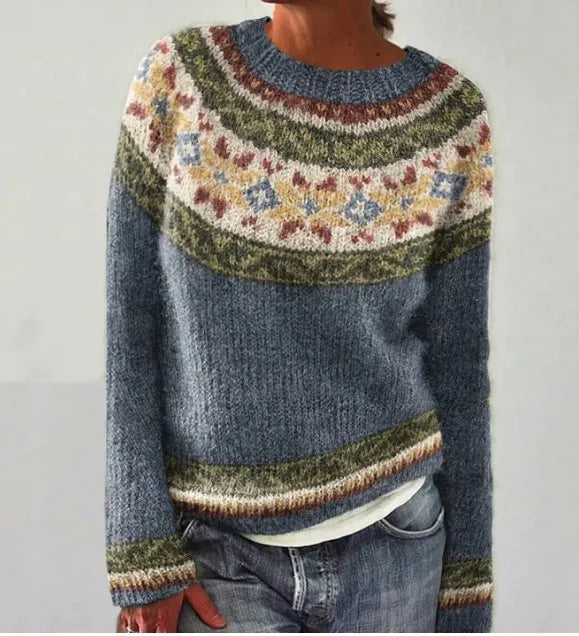 Nordic knit women's sweater, a stylish and warm patterned pullover for contemporary winter fashion.