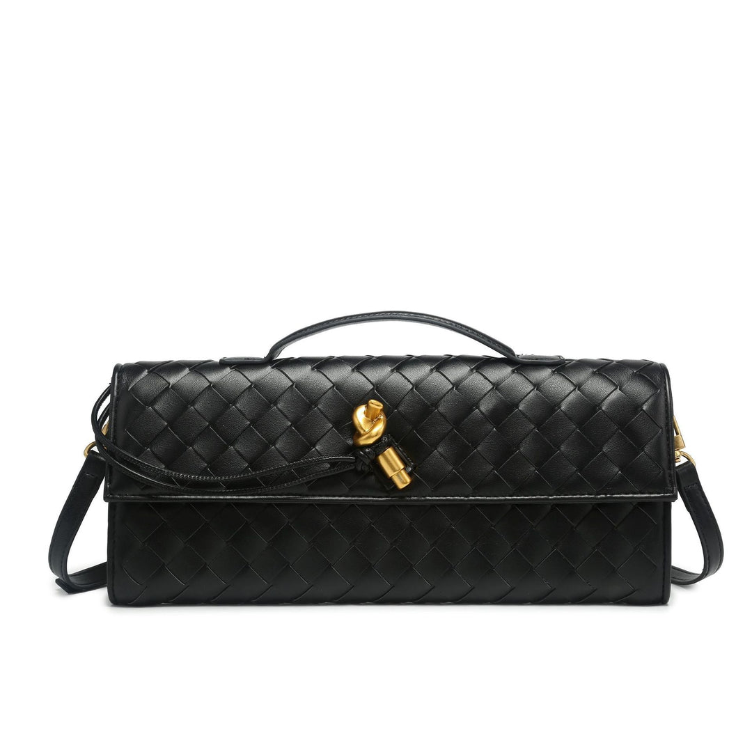 Chic women's accessory, a beautifully woven clutch bag with a secure knot closure.
