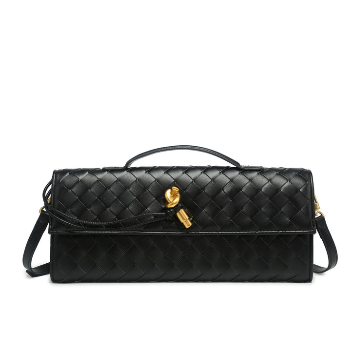 Chic women's accessory, a beautifully woven clutch bag with a secure knot closure.