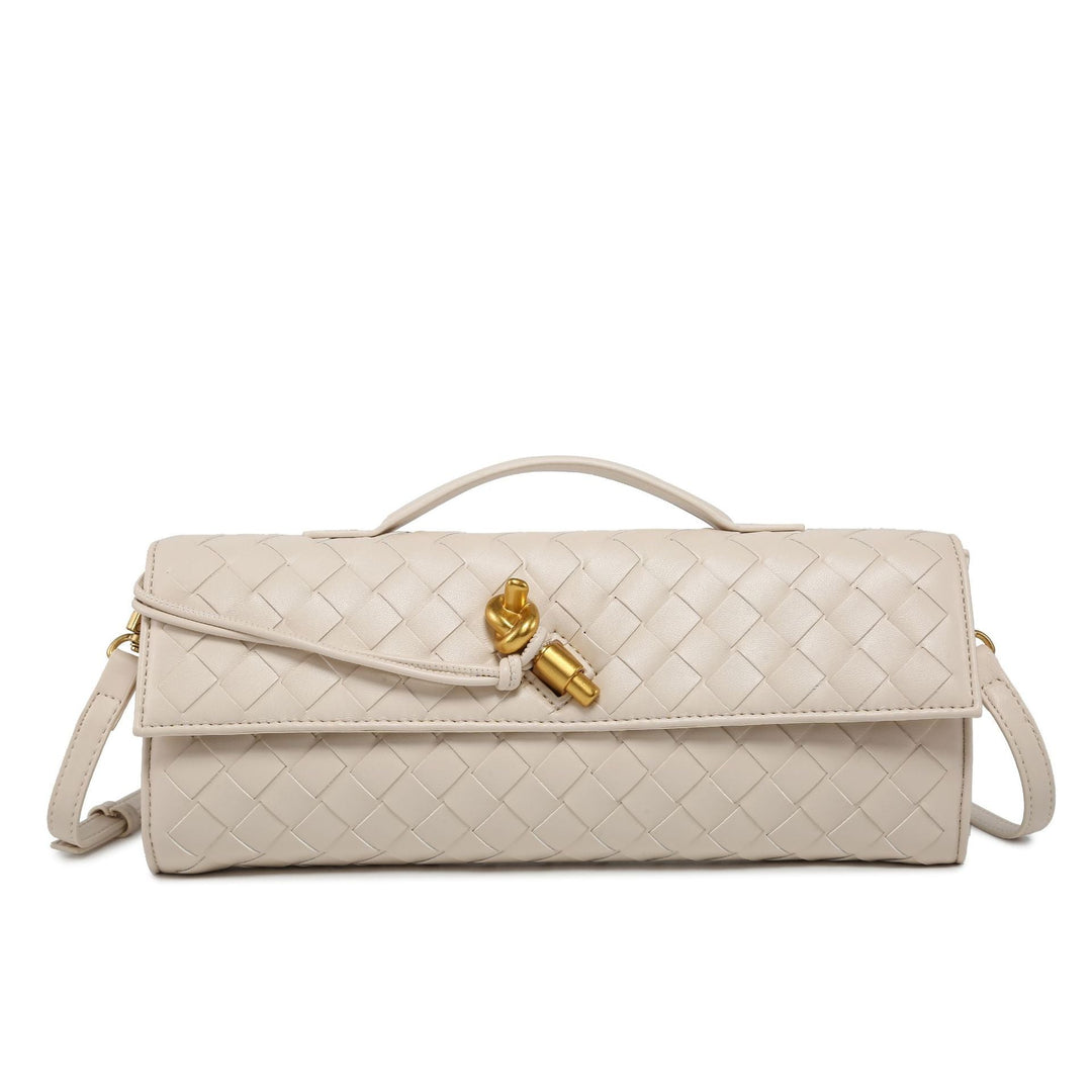 Textured woven women's clutch, a chic faux leather evening bag with knot detail.