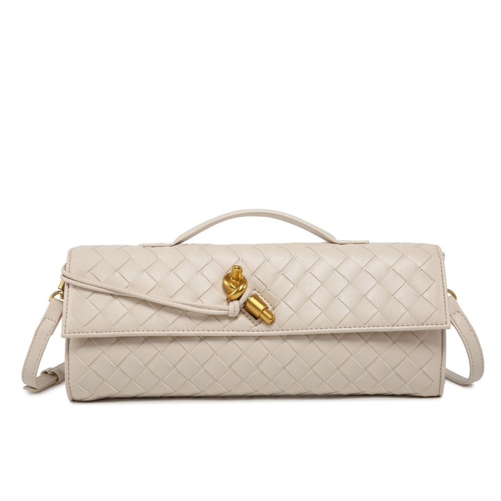 Textured woven women's clutch, a chic faux leather evening bag with knot detail.