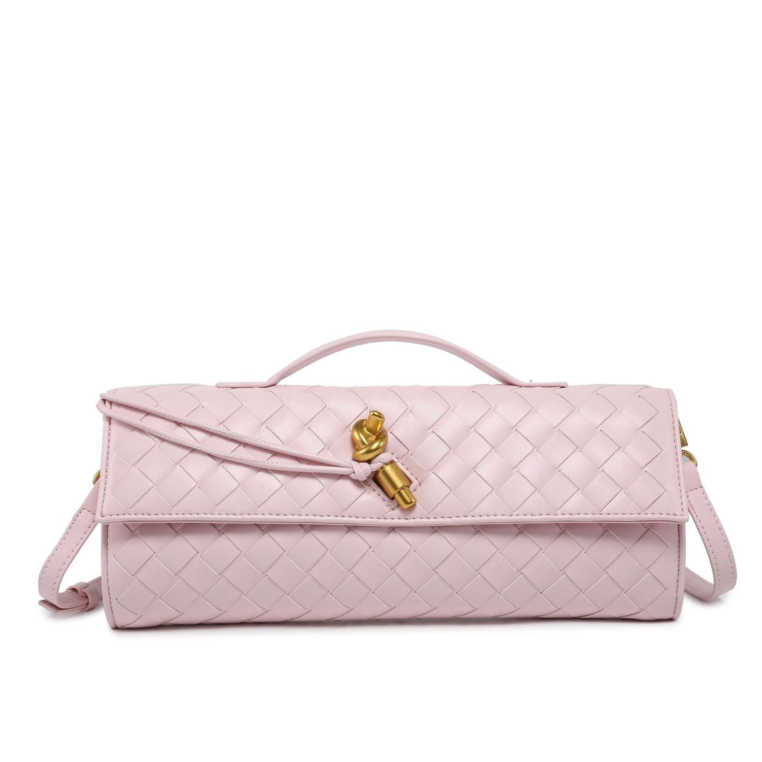 Compact women's woven clutch, an evening handbag with an elegant knot closure.