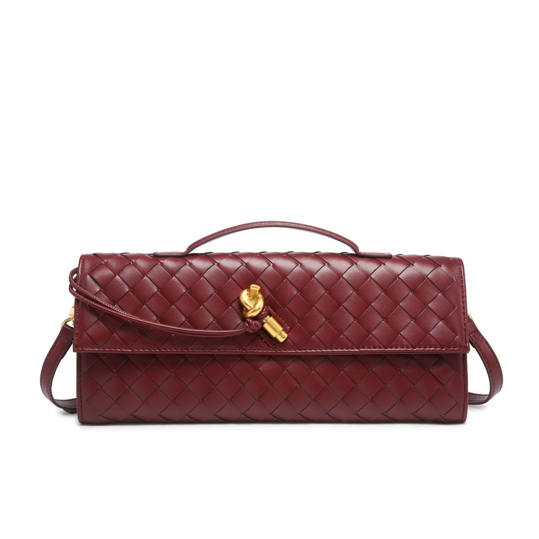 Elegant women's evening handbag, a woven faux leather clutch with stylish knot closure.