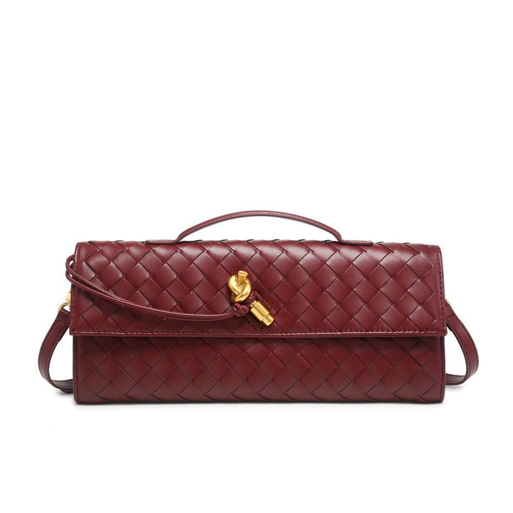Elegant women's evening handbag, a woven faux leather clutch with stylish knot closure.