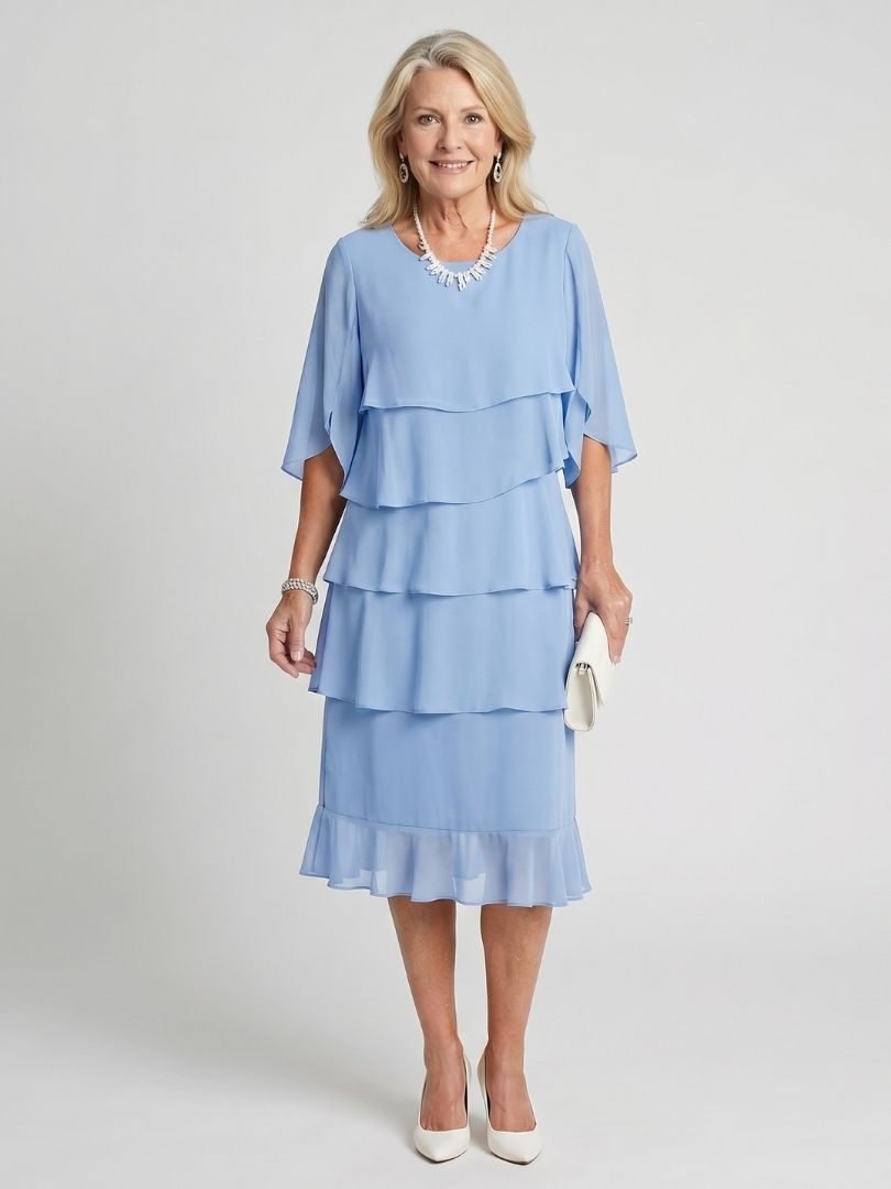 Everyday wear women's midi dress, short sleeve layered design, versatile and flowing.