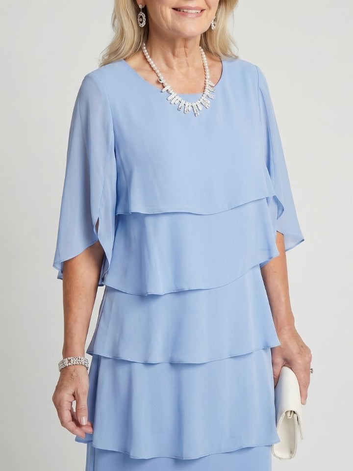 Women's relaxed fit midi dress, elegant layered tier, comfortable for all-day wear.