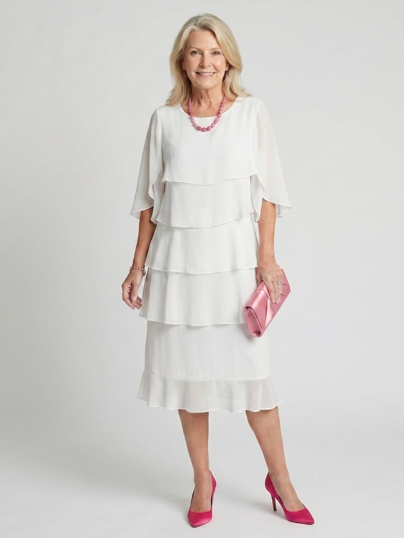 Elegant women's layered midi dress, flowing fabric and short sleeves, suitable for many occasions.