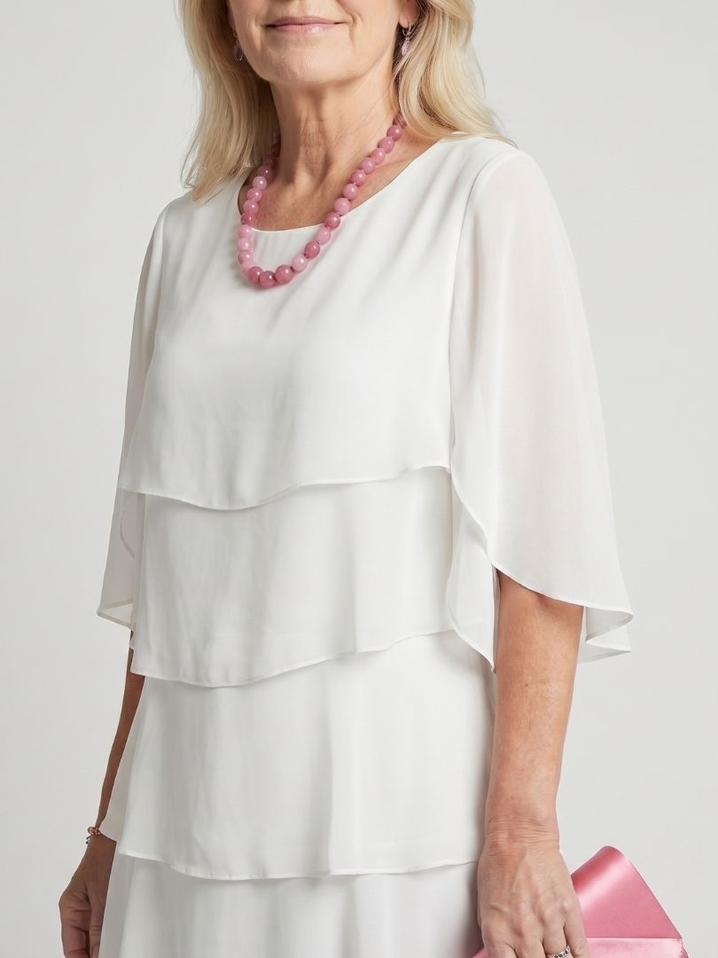 Casual women's midi dress with tiered layers, round neck and comfortable relaxed fit.