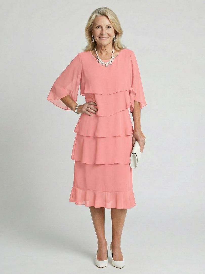 Stylish women's layered midi dress, elegant and casual, with a relaxed fit for summer days.