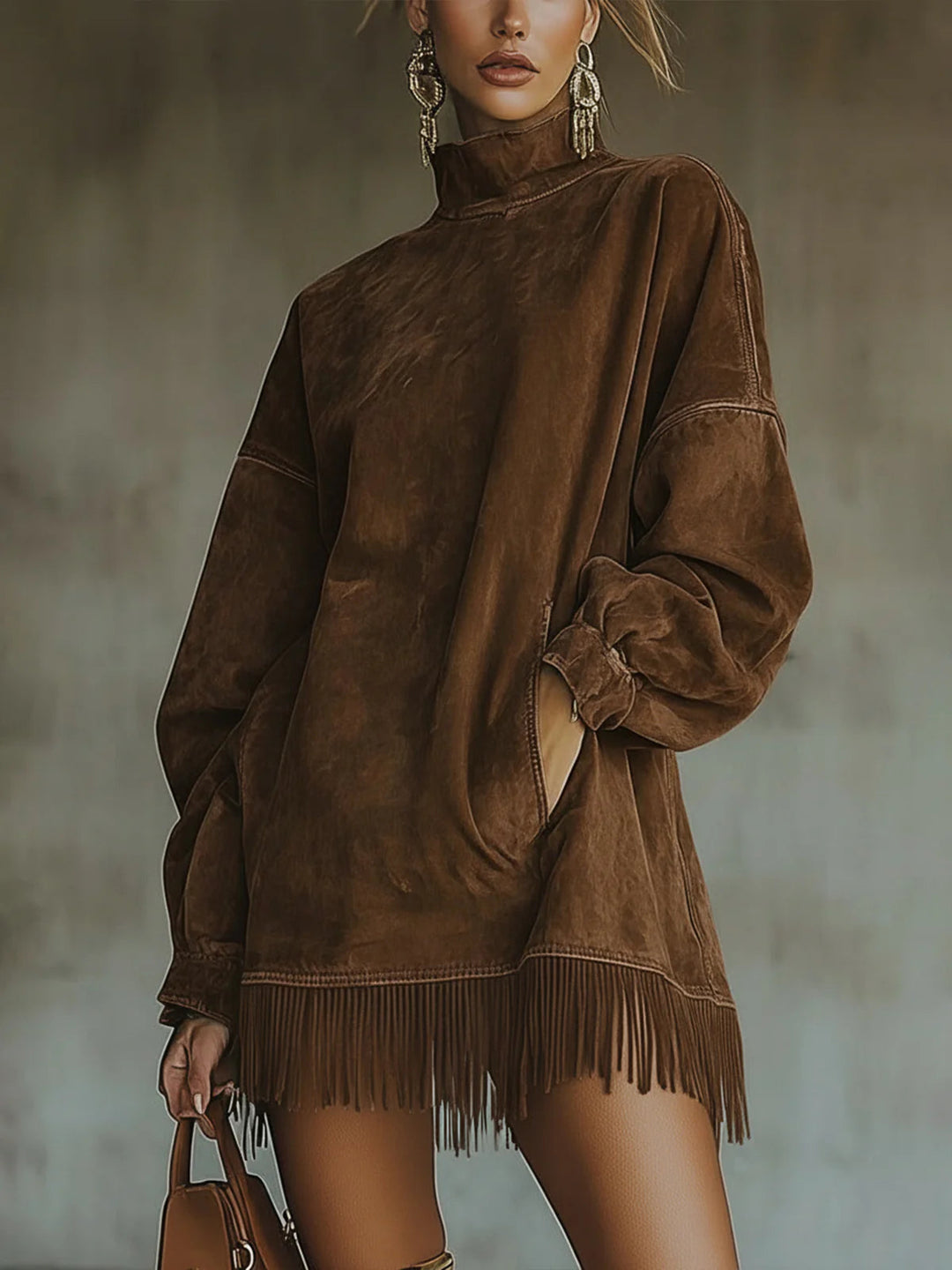 Bohemian style women's fringe turtleneck mini dress with relaxed fit long sleeves for casual elegance.