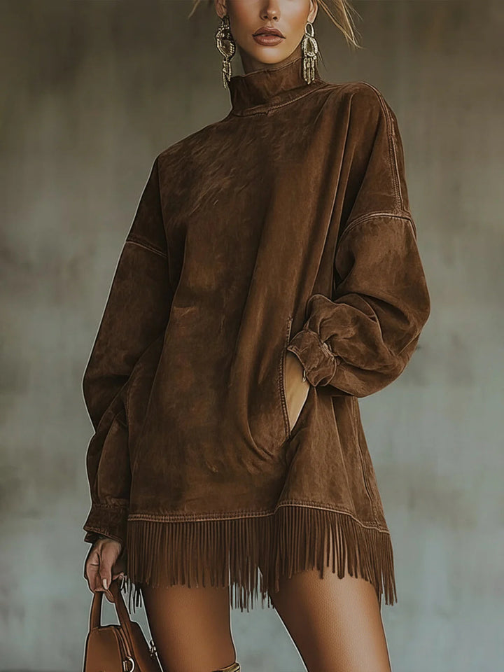 Bohemian style women's fringe turtleneck mini dress with relaxed fit long sleeves for casual elegance.