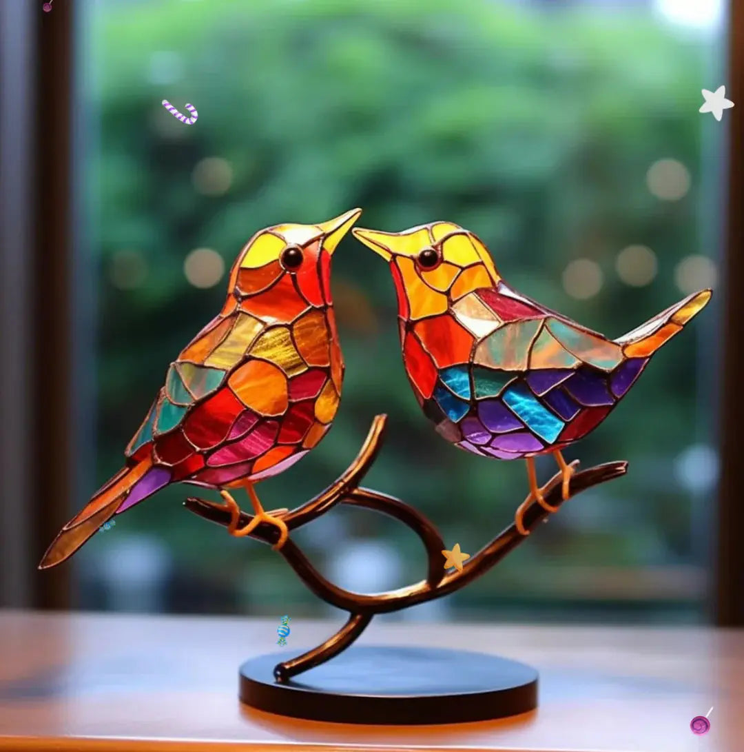 Colorful stained glass bird decor for windows, creating stunning light patterns. A beautiful art glass accent for living room.