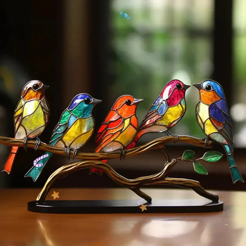 Vibrant stained glass bird window decor reflects colorful light, enhancing interiors. Perfect nature-inspired home accent.